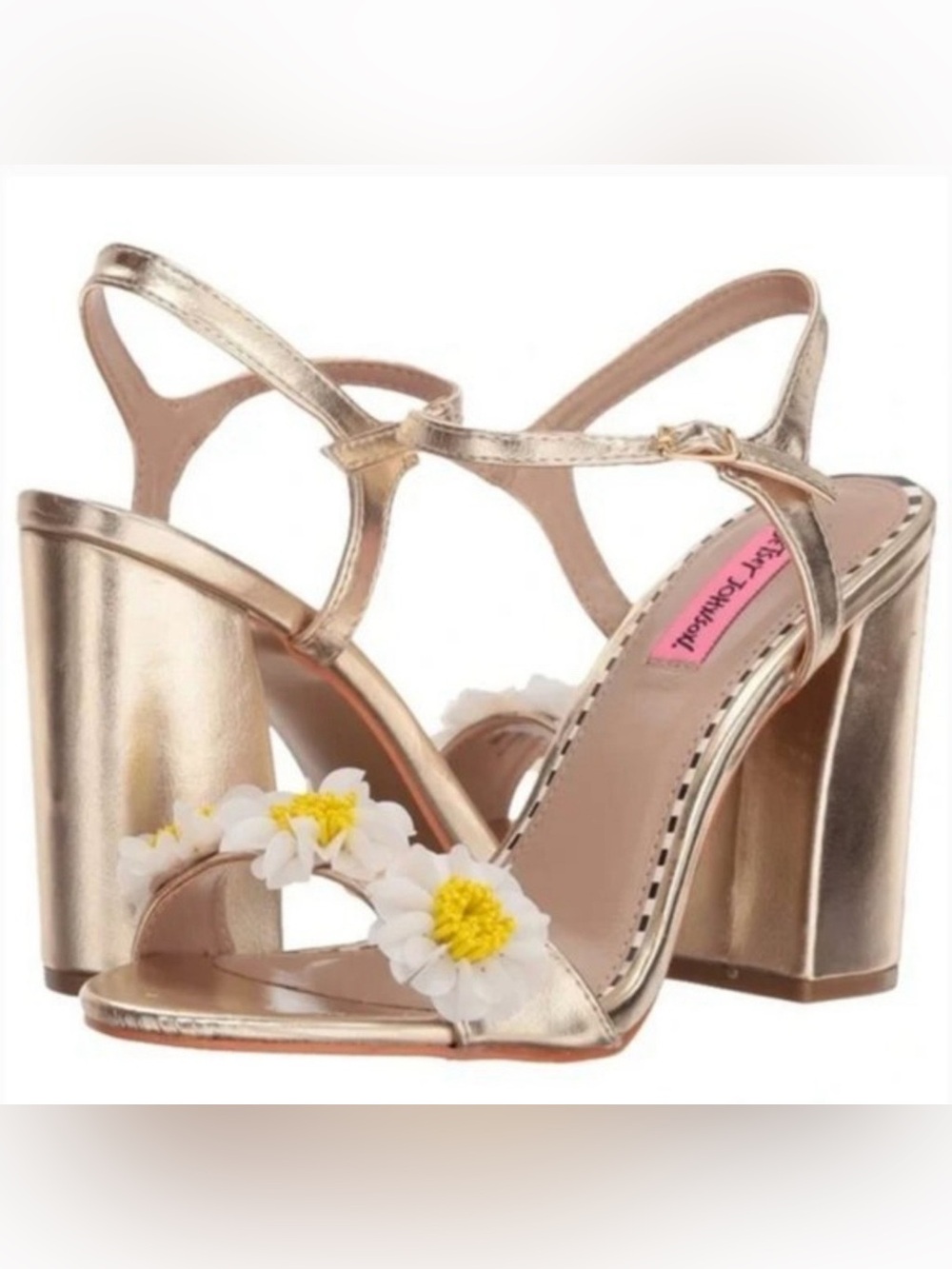 Betsy Johnson Sedona Gold Sandal Block Heel Daisy Flower Ankle Strap Y2K, sz 7.5
